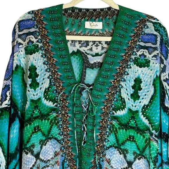 Camilla Los Pozas Short Lace Up Kaftan A Land Of Wonder 100% Silk Revolve Sequin - Picture 3 of 15